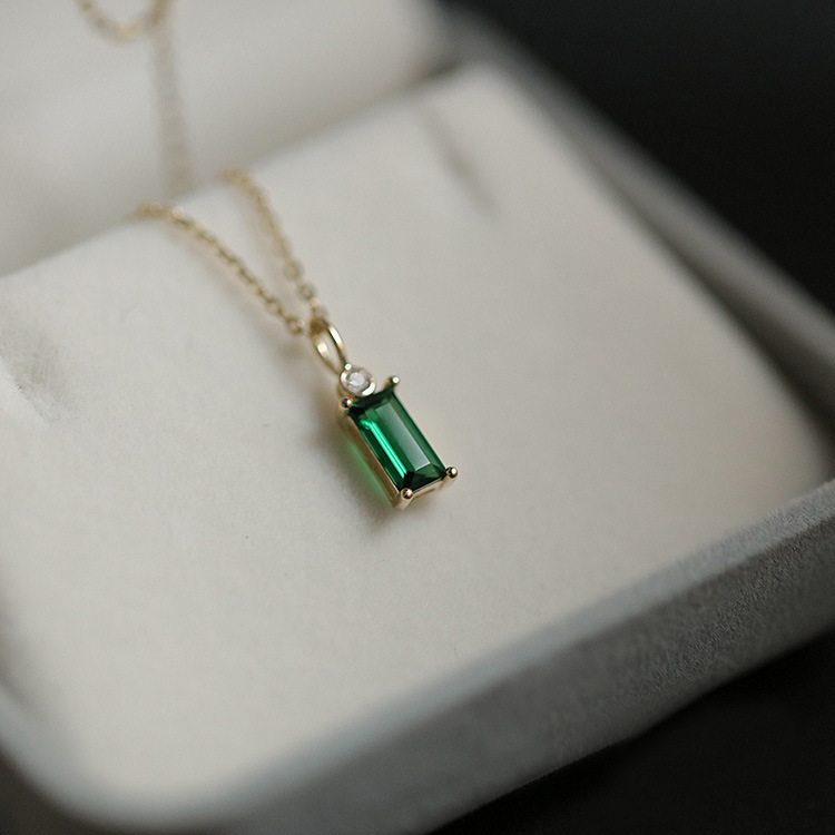 925 Sterling Silver 14K Gold Plated Emerald Green Mini Rectangle Zircon Necklace Female Korean Style Pendant Necklace