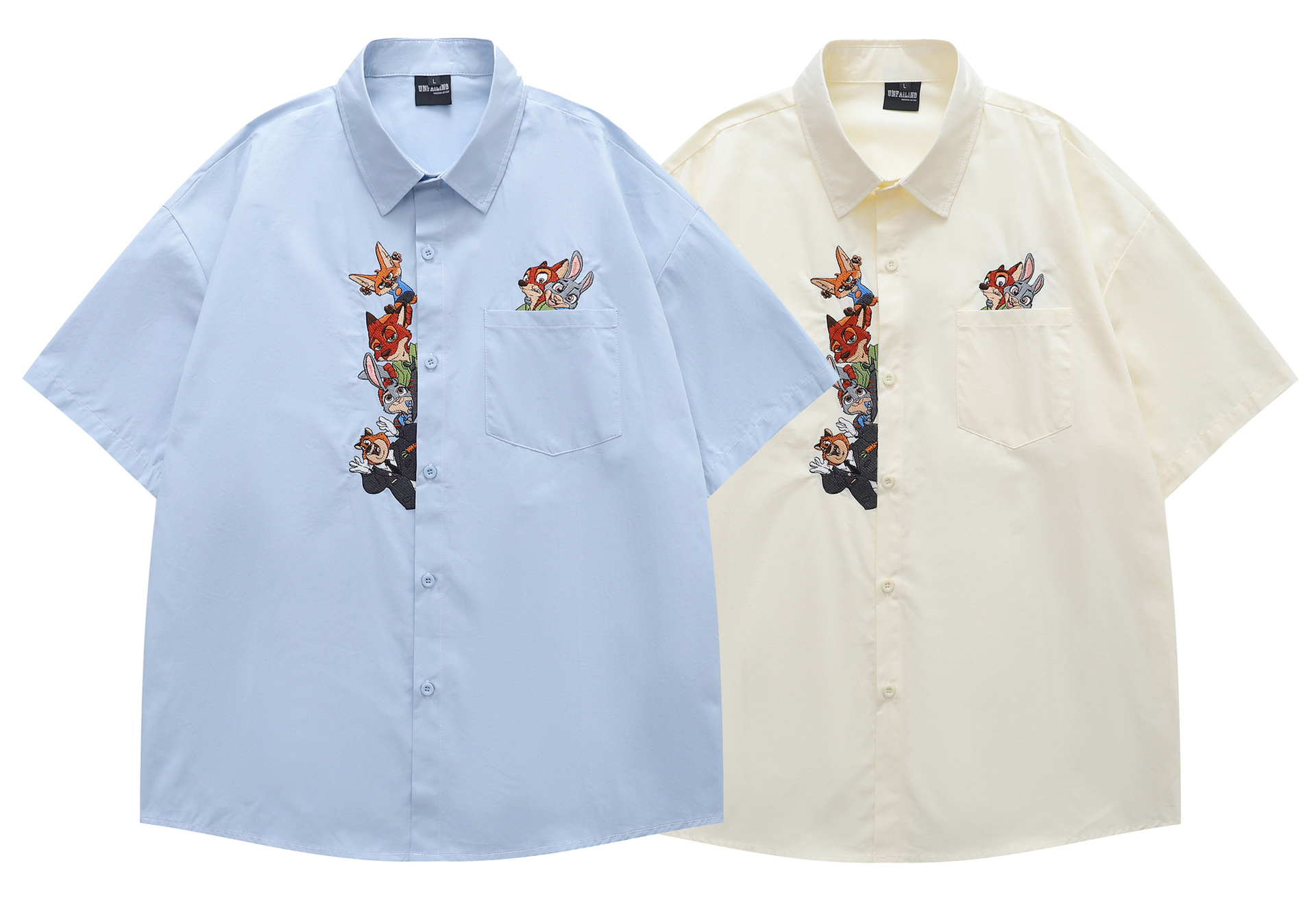Retro Fun Cartoon Embroidery Short Sleeve Shirt Unisex Loose Casual Lazy Style Couple Shirt