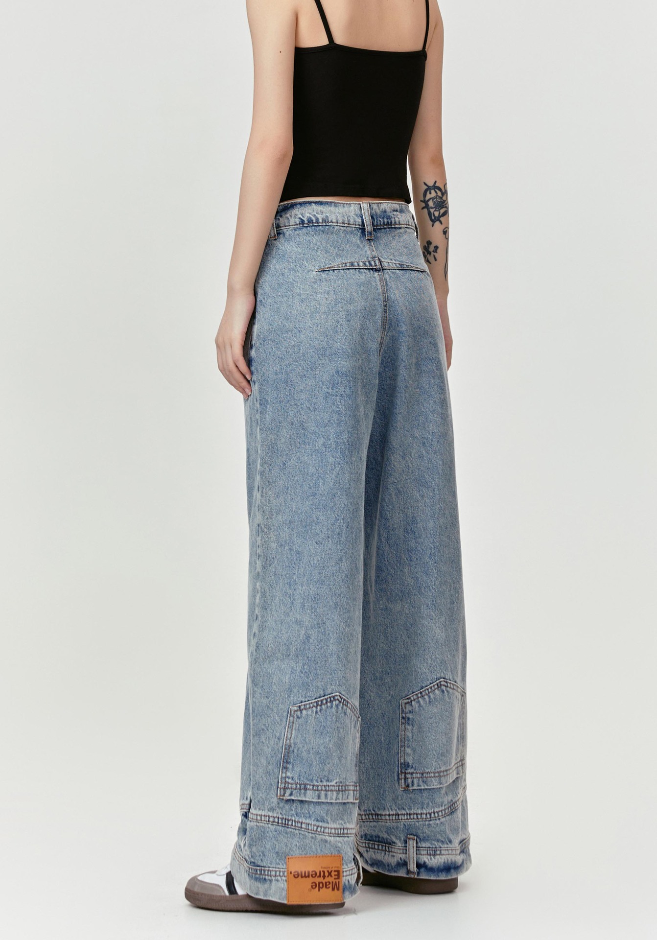 Inverted Reverse Design Washed Distressed Loose Straight Wide Leg Jeans Trendy