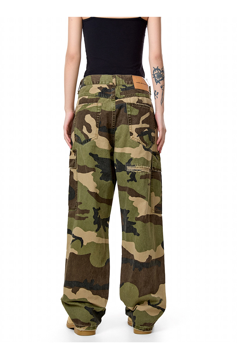 Camouflage Casual Pants with Ripped Patches Loose Straight Leg Trousers with Pockets