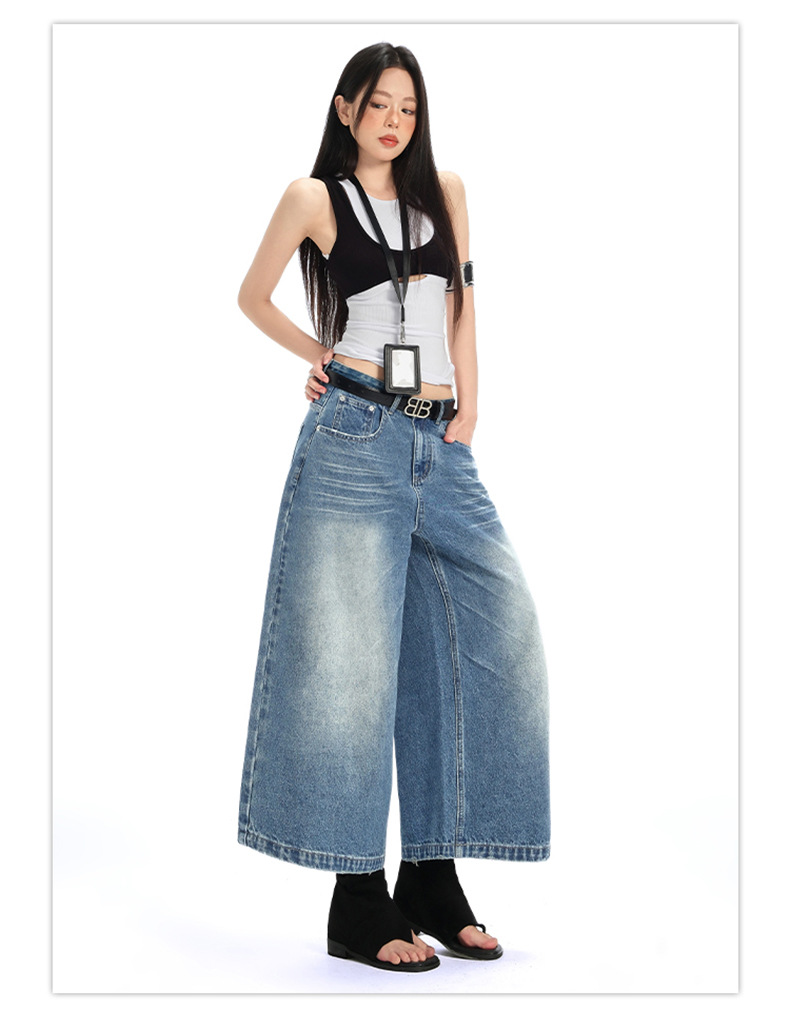 Denim Cropped Pants for Women High Street Relaxed Fit Straight Leg Wide-Leg Mid-Length Pants