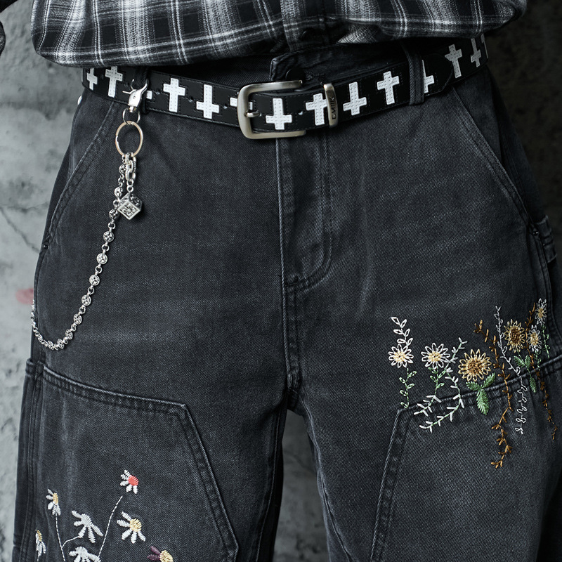 Casual Knife-Edge Pants for Men, Loose Straight-Leg Patchwork Denim Pants, Embroidered Wide-Leg Long Pants