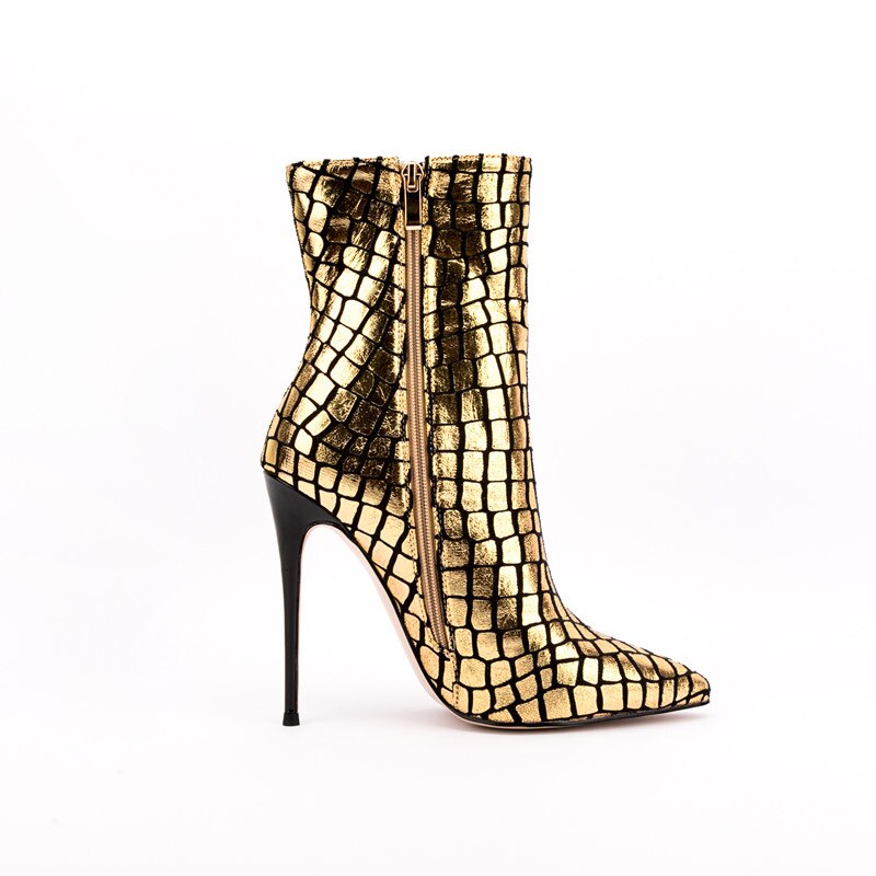 Pointed Toe Super High Heel Ankle Boots Ladies Party Shoes Side Zipper Shiny Stone Pattern Gold Sexy Winter Autumn Fashion Shoes
