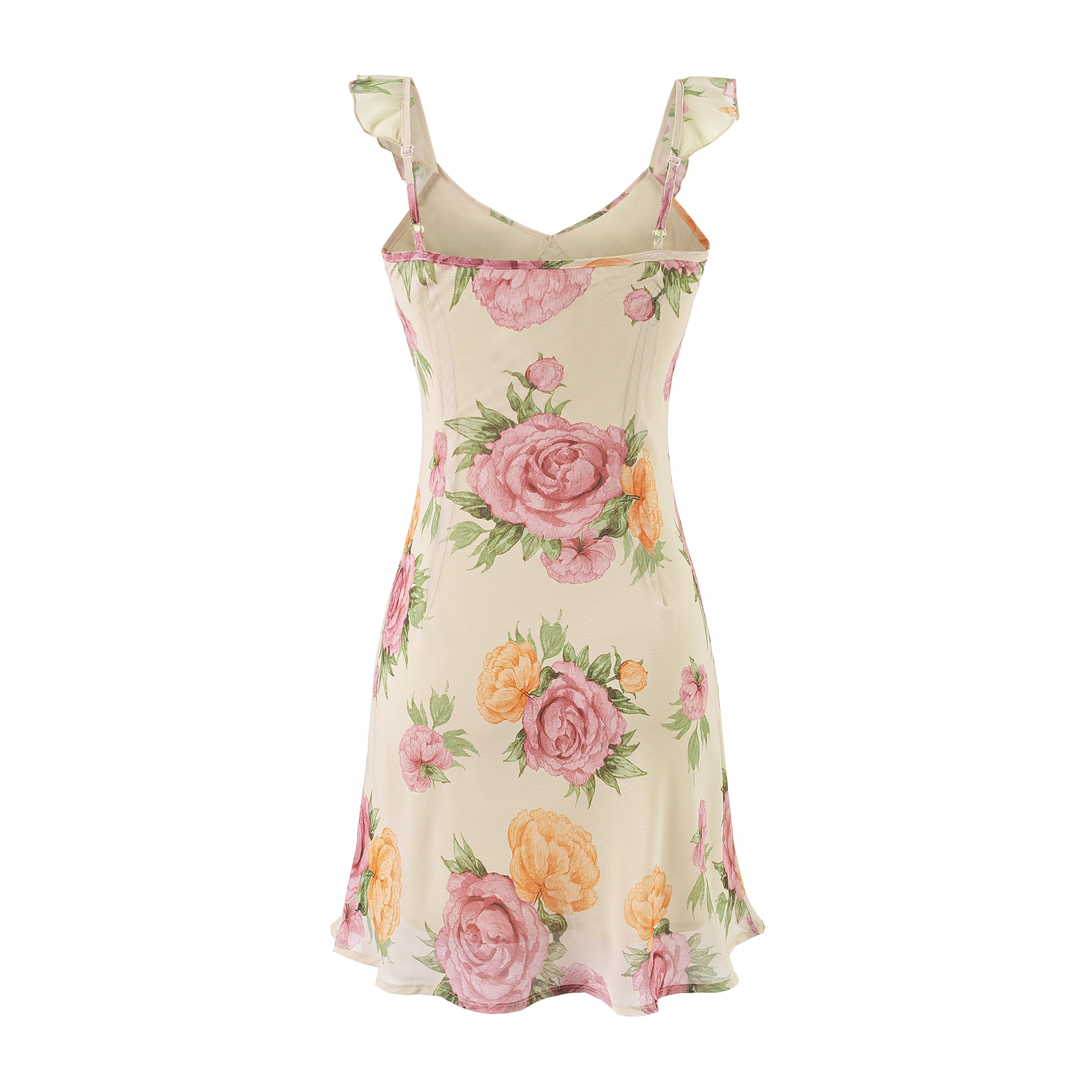 V-neck Tie Waist Slim Mesh Splicing Flounce Sleeve Dress
