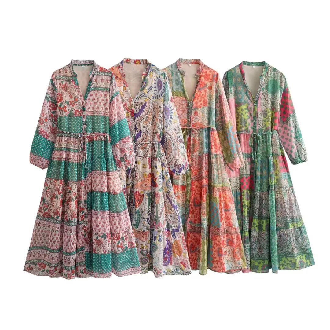Women's Clothing V-neck Long-sleeved Printed Dress