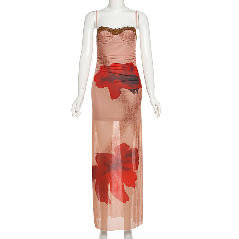 Sleeveless backless slimming color blocked lace camisole long skirt for women