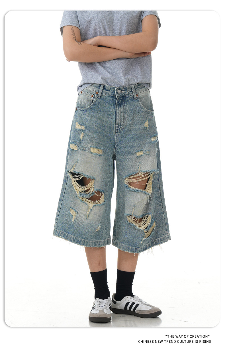 Design Seven-Quarter Denim Pants Washed Loose Straight Trendy Shorts