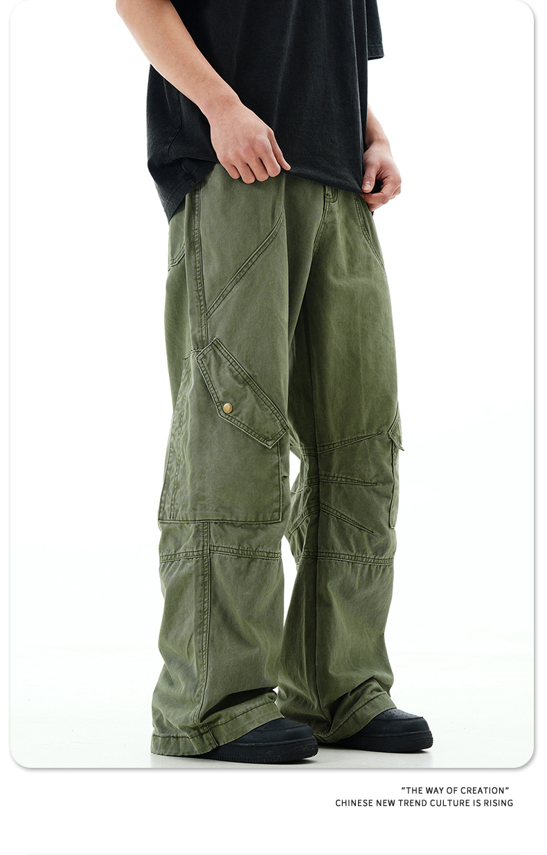 Work Pants with Adjustable Waistband and Large Pockets - Straight Leg Casual Trousers