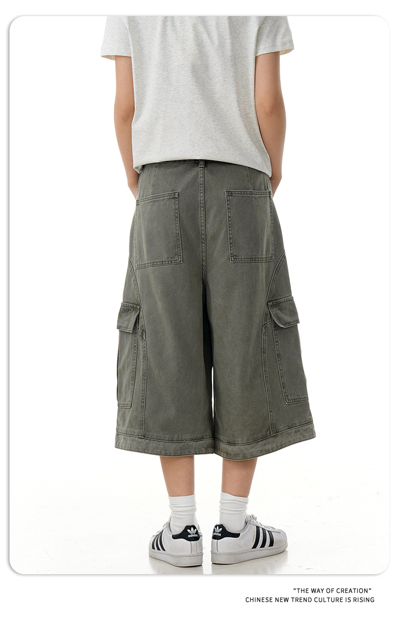 Retro Deconstructed Multi-Pocket Pants Straight Loose Unisex Wide-Leg Cargo Shorts