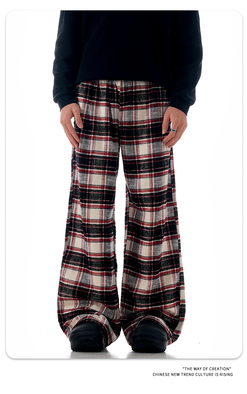 Block Red Plaid Drawstring Straight Casual Pants Unisex Pure Cotton Lazy Style Slimming Long Trousers
