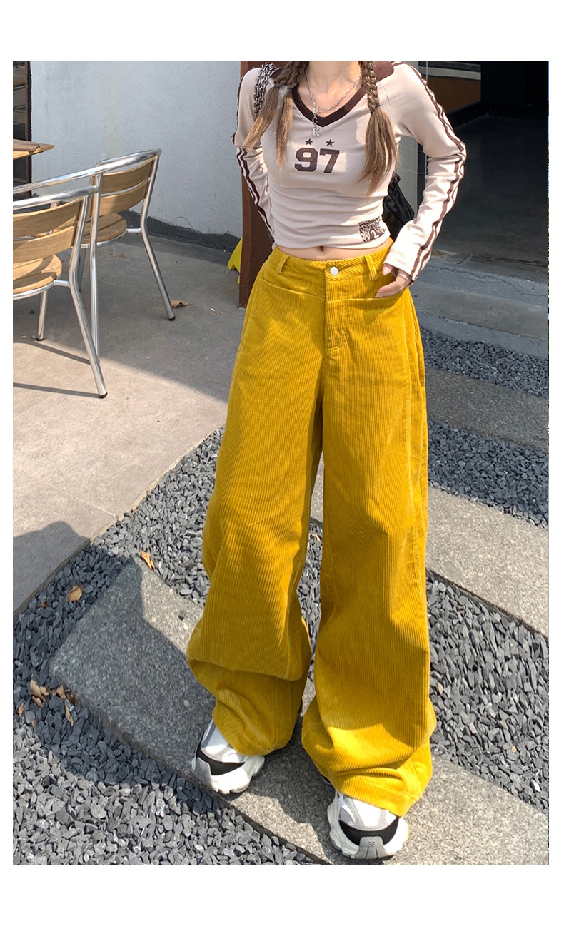 Women's Yellow Casual Pants Loose Wide Leg High Waist Corduroy Sweatpants