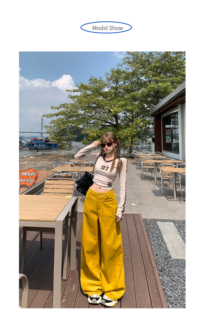 Women's Yellow Casual Pants Loose Wide Leg High Waist Corduroy Sweatpants
