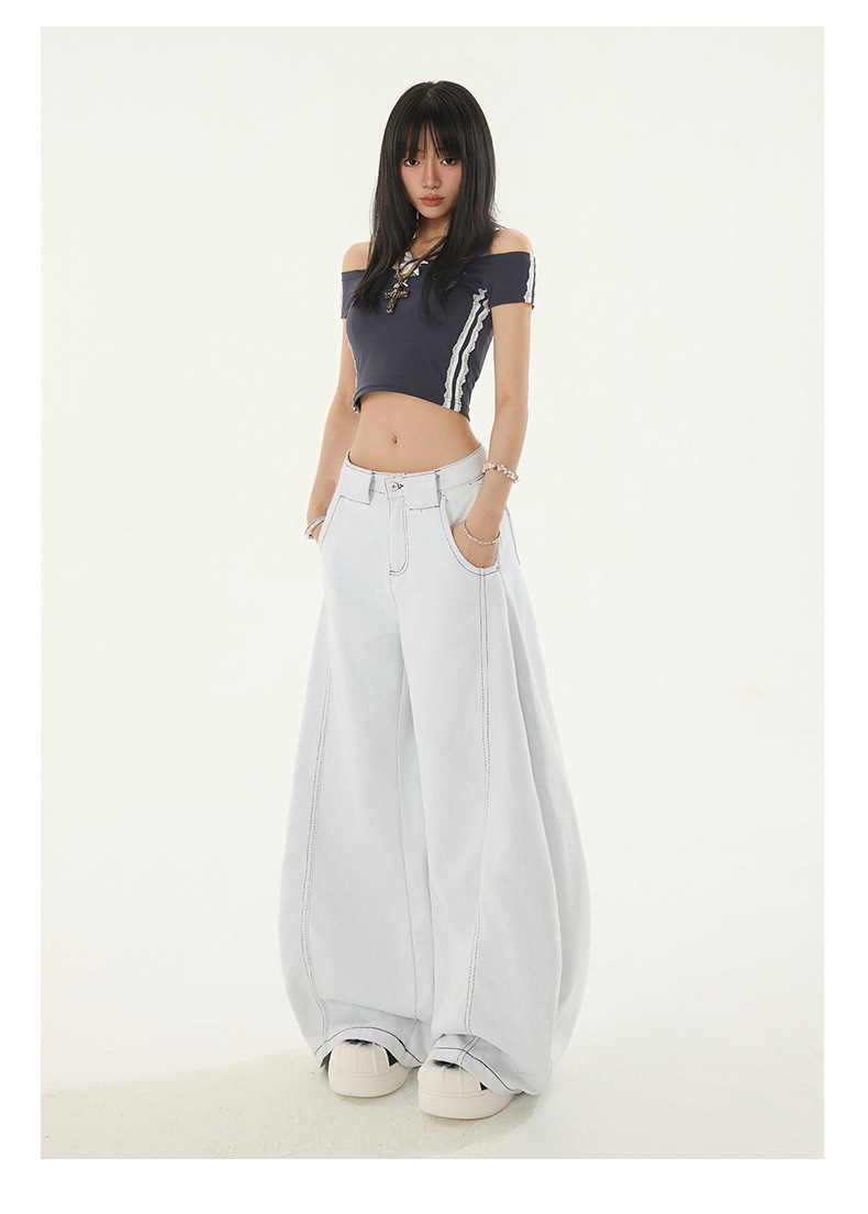 Low-Waist Knife-Edge White Jeans for Women Summer New Loose Straight High Street Wide Leg Pants