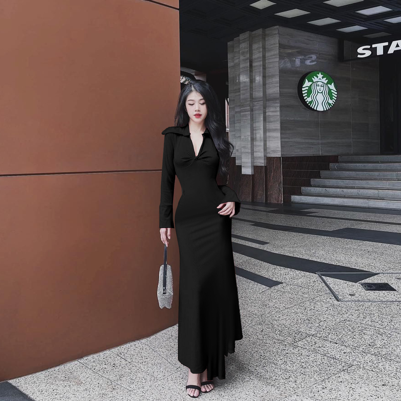 Bodycon Crossover Plunge Long Sleeve Dress
