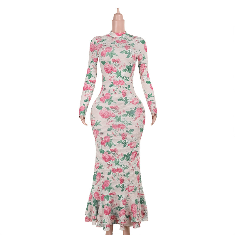 Fitted Maxi Patterned Mock Neck Full-Sleeve Dress