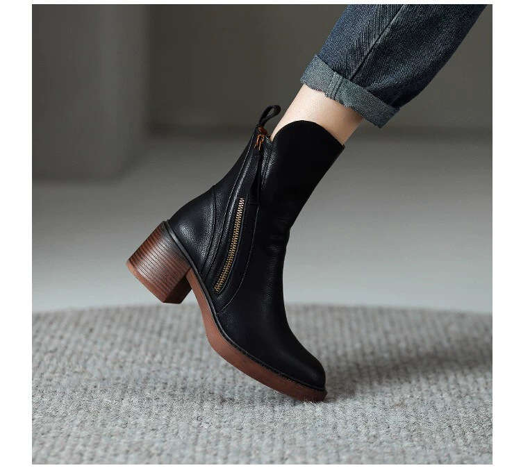Round headed double zipper thick heel sponge bottom brown retro Martin boots for women