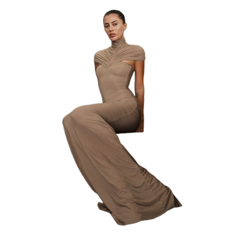 Sleeveless Stand Collar Cutout Pleated Waist-Defined Bodycon Dress