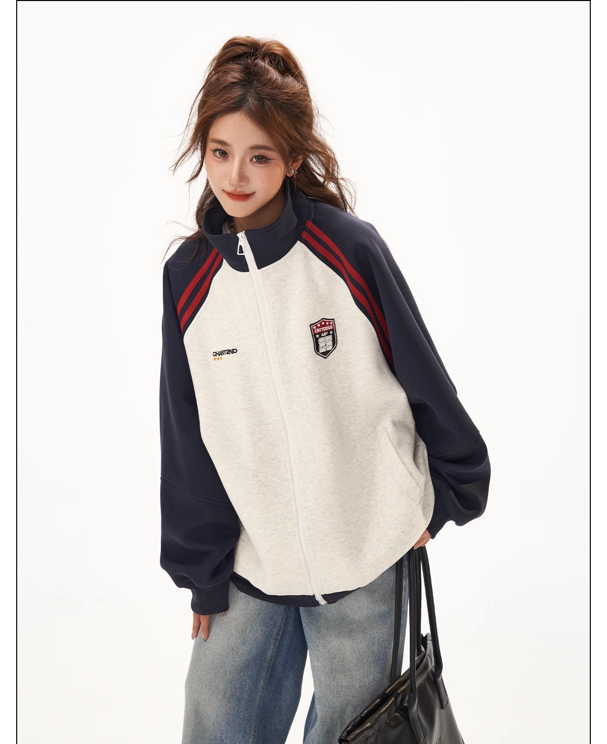 Retro Jacket for Women, High-End Patchwork Raglan Sleeve Hoodie Cardigan, Versatile Stand-Up Collar Top