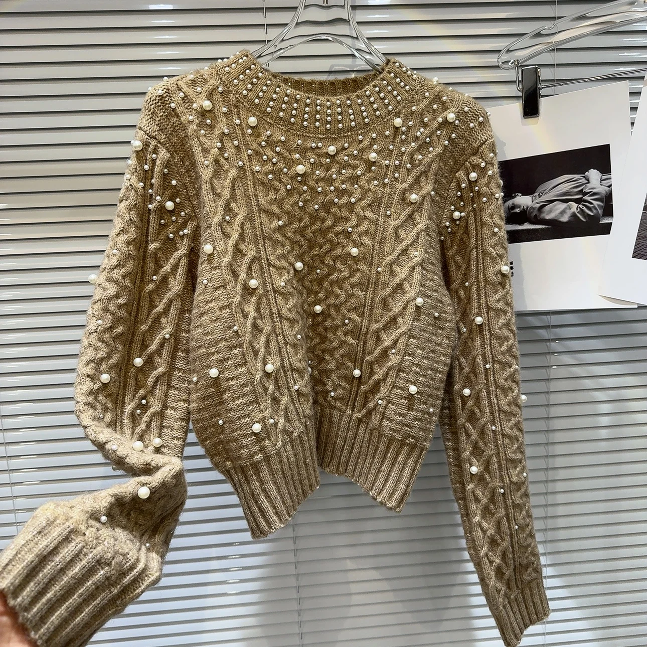 Ladies Beaded Mesh Crew Sweater