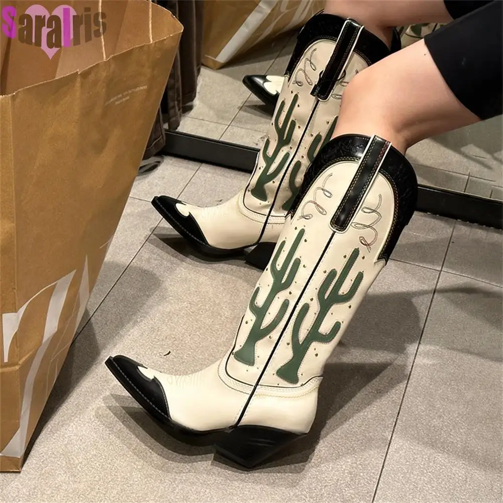 Western Cowboy Mid Calf Women Boots Chunky High Heels Cactus Vintage Cowgirl Long Boots Retro Shoes Woman