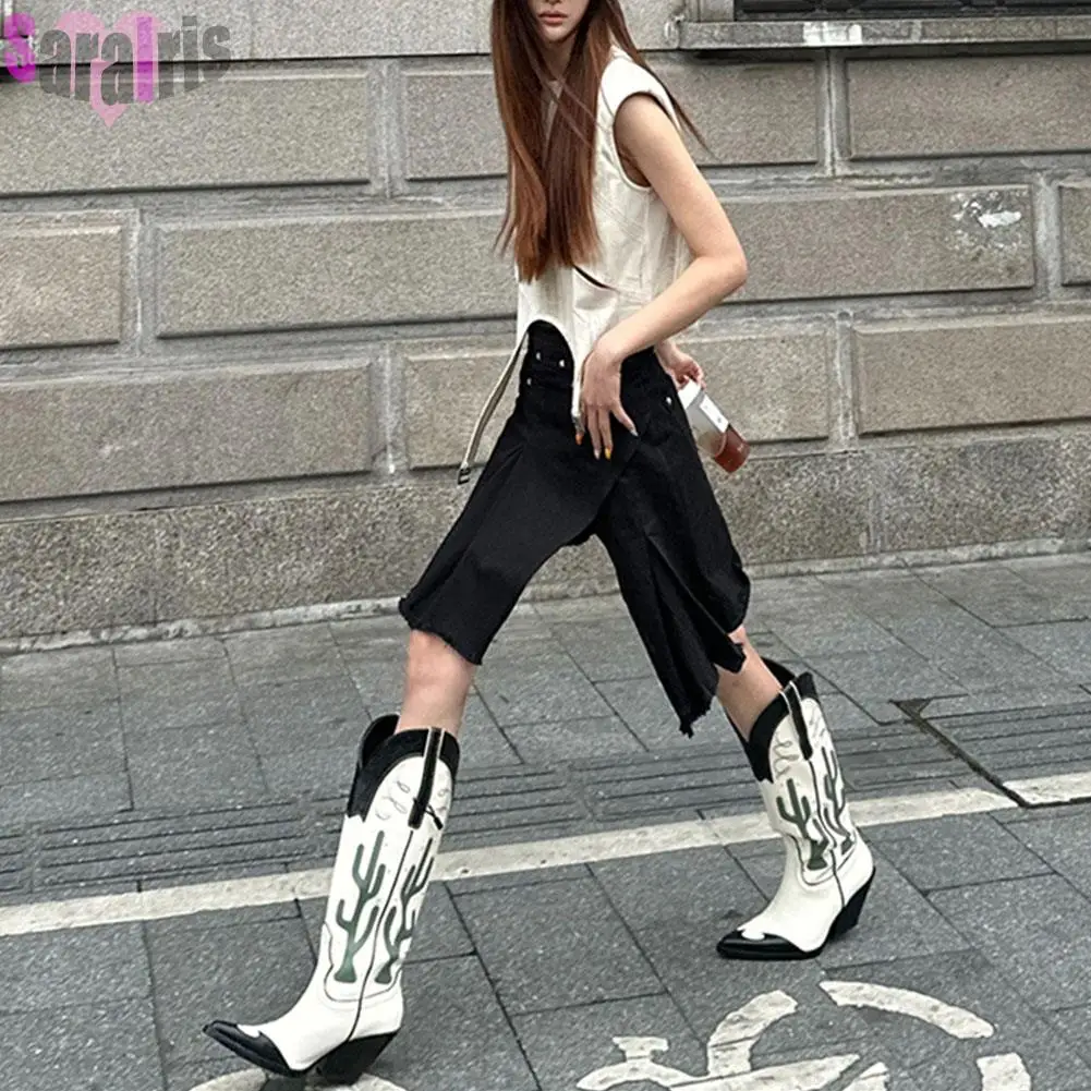 Western Cowboy Mid Calf Women Boots Chunky High Heels Cactus Vintage Cowgirl Long Boots Retro Shoes Woman