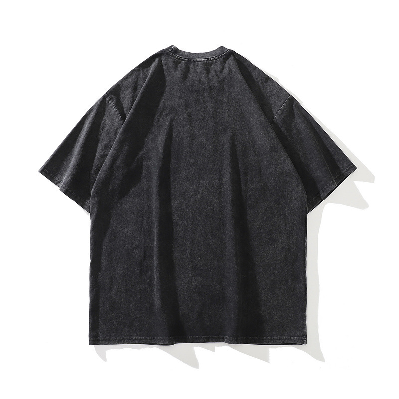 Black Washed Trendy Printed Short Sleeve T-Shirt Pure Cotton Loose Top for Men