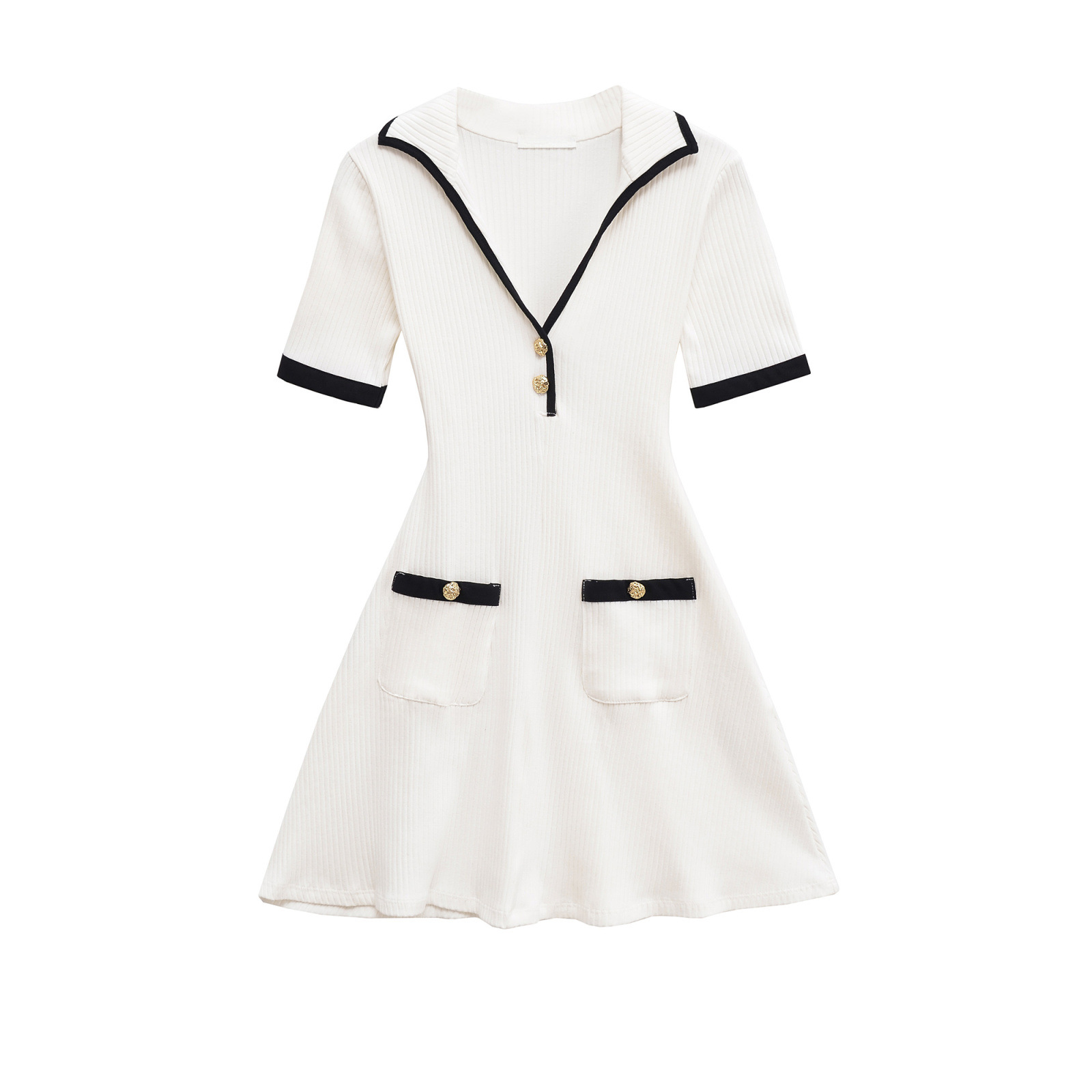 V-neck short sleeved contrasting border short knit dress