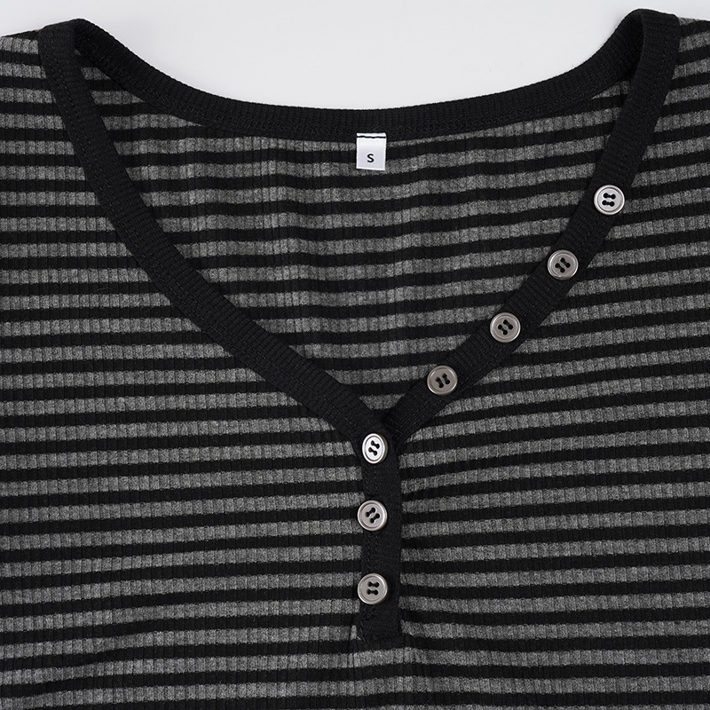 Simple Fashion Striped Color Block Round Neck Basic Long Sleeve Slim Fit Versatile Slimming Casual Short Top