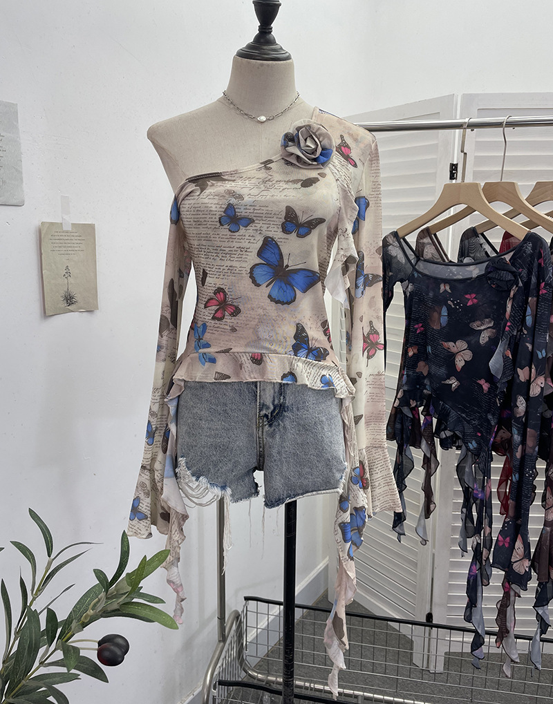 Asymmetric Pointed Floral Off-Shoulder Full Sleeve Top