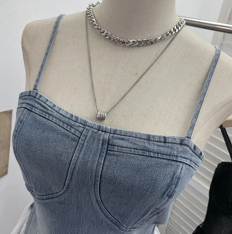 Slim Asymmetric Faded Jean Lacy Panel Fringed Bandeau