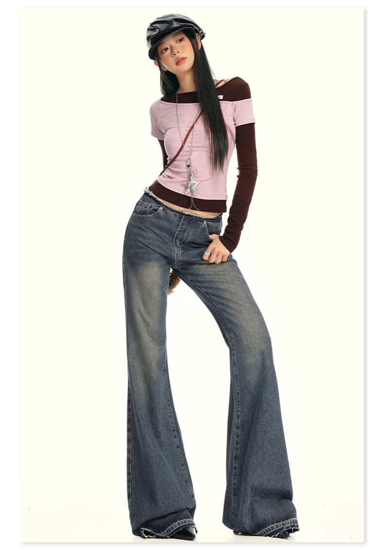 Women's Low Waist Flared Jeans Long Trumpet Pants Non-Skinny Trousers