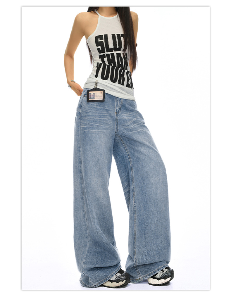 Vintage Washed Crease Wide Leg Pants Women High Waist Loose Slimming Drape Denim Pants Summer New Style