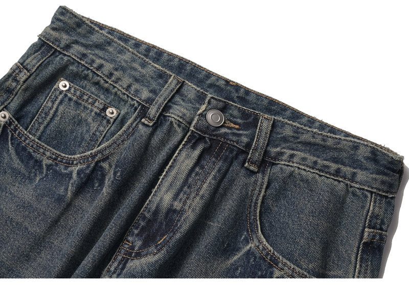 Washed Distressed Cat Whisker Pattern Loose Wide-Legged Knife-Edge Jeans