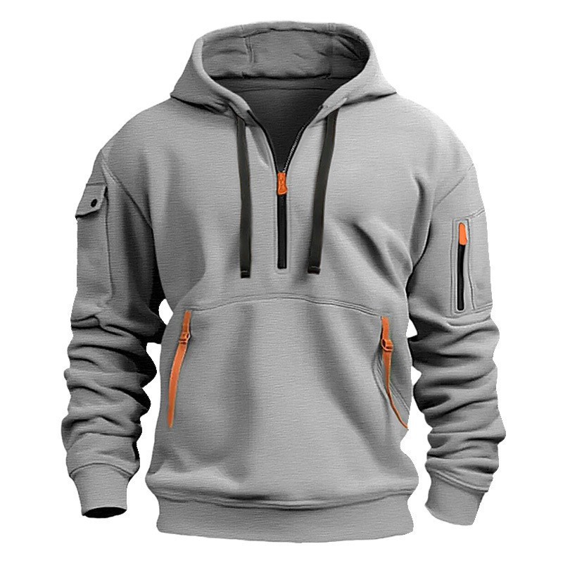 Loose Warm Men Hip-Hop Striped Cargo Zip Hoodie