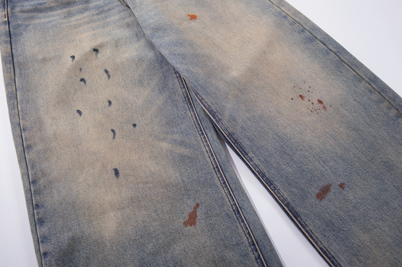 Streetwear Hip-hop Fashion Design Spray Painted Knife Pants for Men Loose Versatile Washed Distressed Denim Jeans