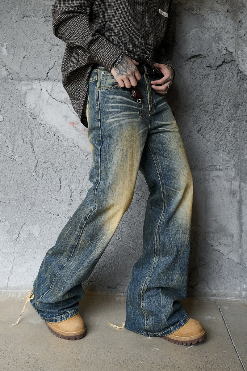 Washed Cat-Whisker Yellow Mud-Dyed Knife-Edge Jeans Women Cleanfit Washed Ripped Versatile Slightly Flared Pants