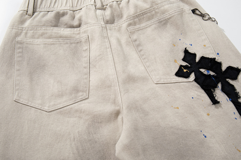 Street Style Luxury Cross Patch Embroidery Color Splatter Hand-painted Straight Leg Hip-hop Loose Jeans