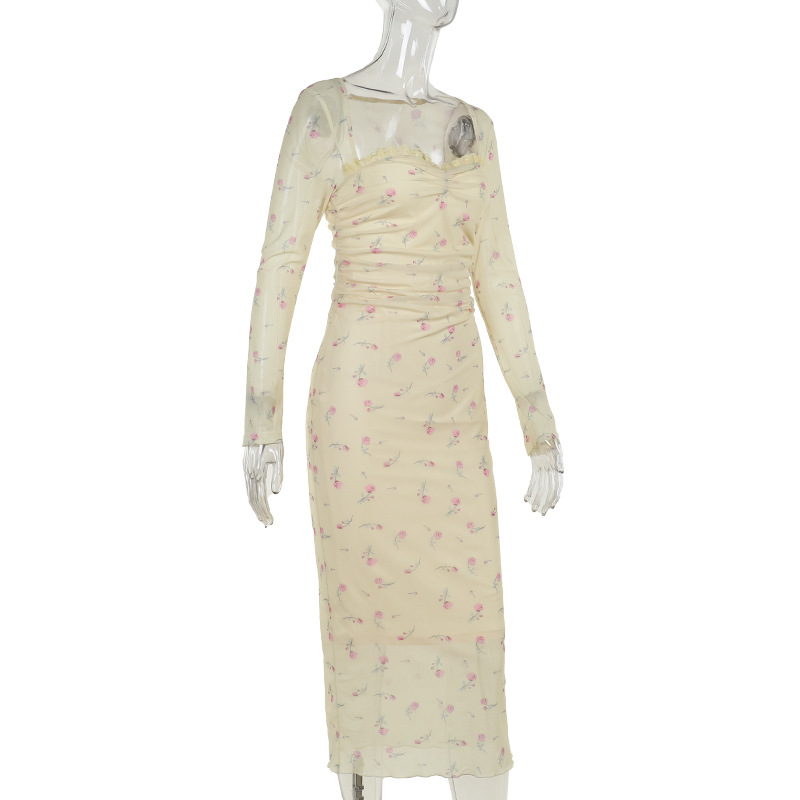 Vintage Square Neck Full-Sleeve Fitted Elastic Polyester Dress