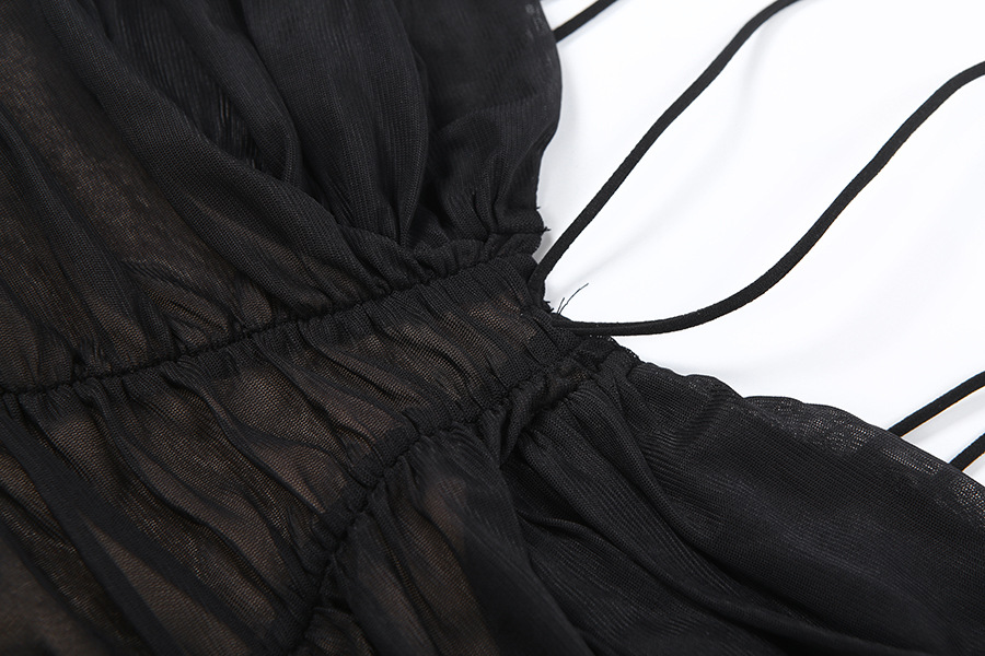 Plunging Sleeveless Spaghetti Strap Fluted Open Back Dress