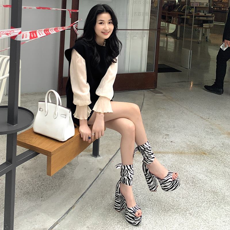 Summer Thick Heel Platform Sandals Large 40-43 Women's Shoes Striped Style