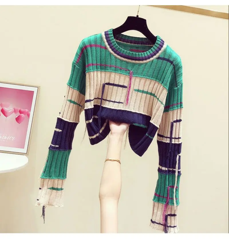 Ladies Colorblock Fringe Crew Collar Sweater