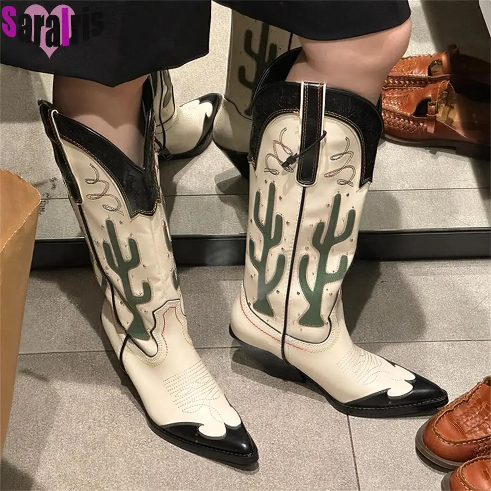 Western Cowboy Mid Calf Women Boots Chunky High Heels Cactus Vintage Cowgirl Long Boots Retro Shoes Woman