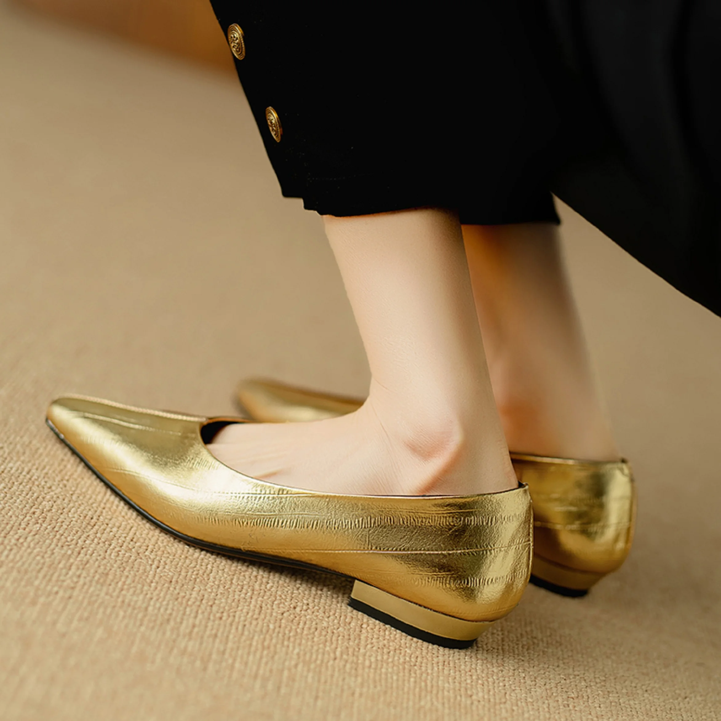 Fashion Genuine Leather mid heels woman elegant Loafer office lady square toe party pumps
