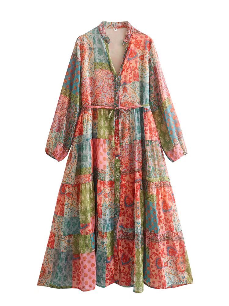 Women's Clothing V-neck Long-sleeved Printed Dress