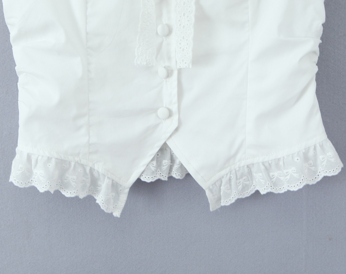 Navy Collar Lace Trim Bow Single Breasted Sleeveless Blouse