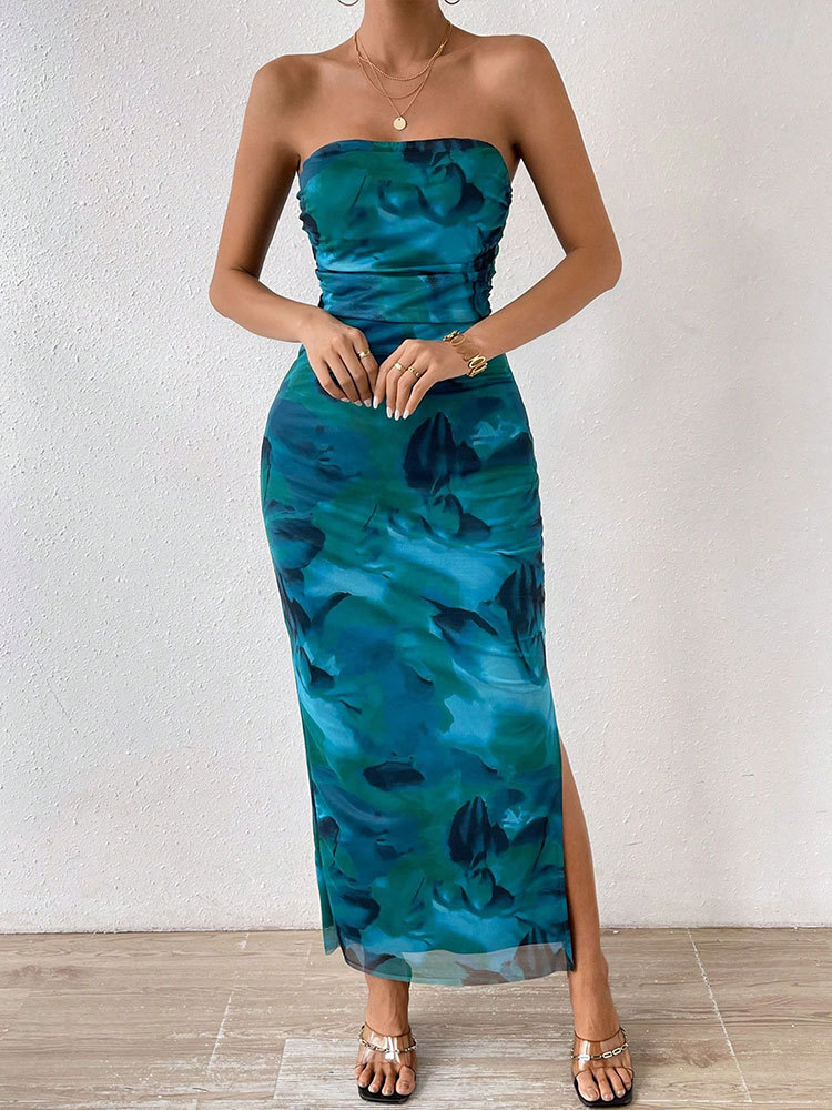 Polyester Asymmetric Neck Patterned Vent Dress
