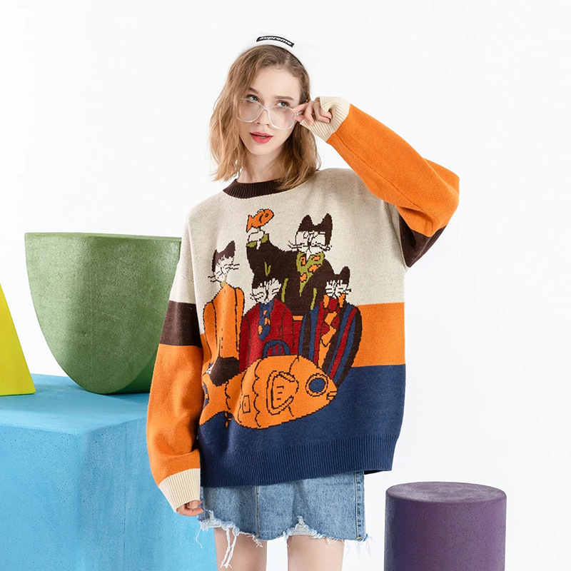 Colorful Feline And Aquatic Print Viscose Sweater