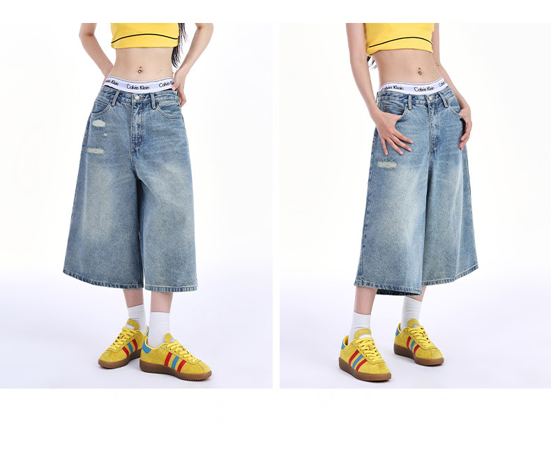 Retro Distressed Seven-Quarter Denim Pants for Women High Waist Slimming Loose Faded Straight Leg Mid-Length Trousers