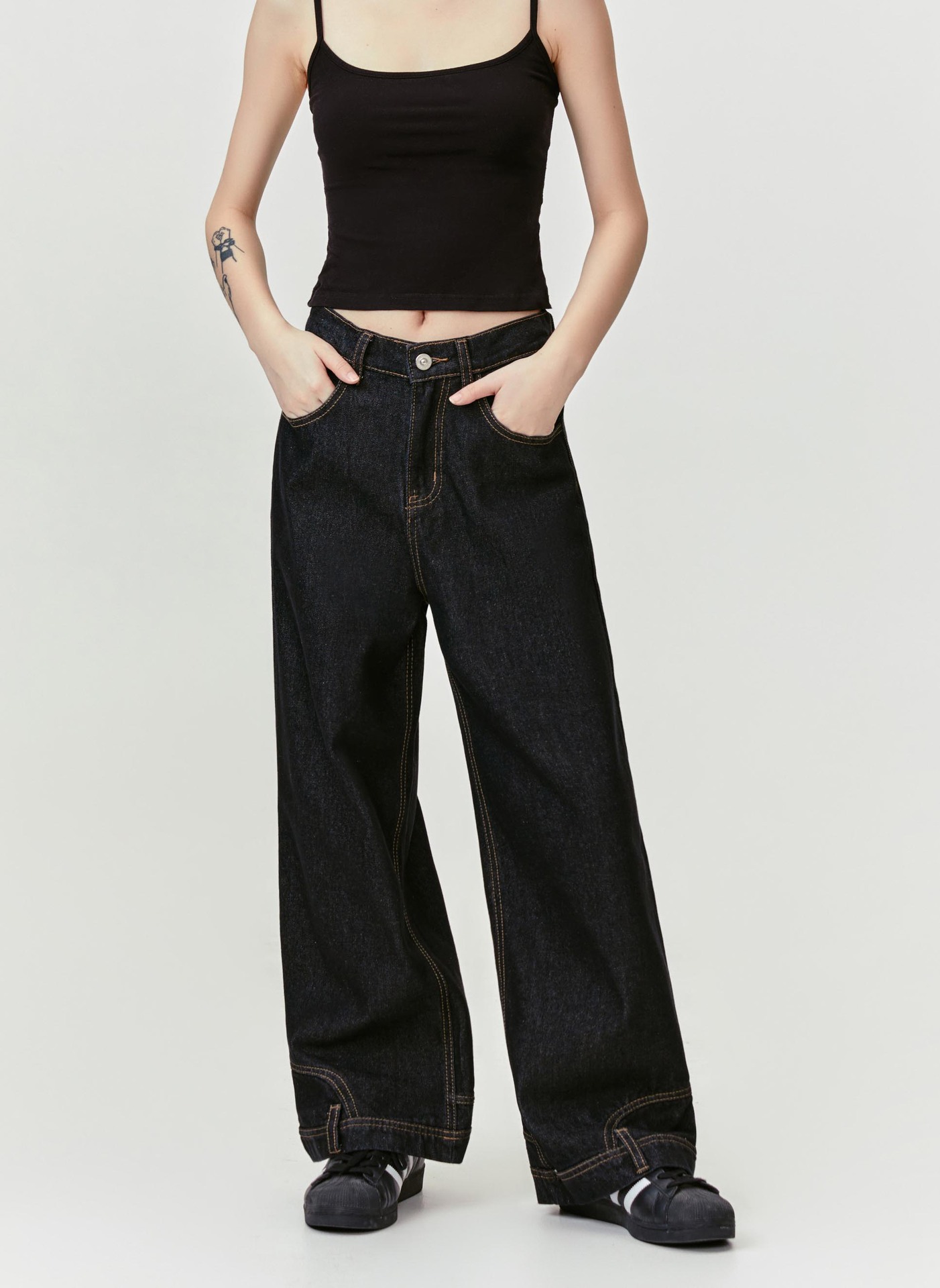 Inverted Reverse Design Washed Distressed Loose Straight Wide Leg Jeans Trendy