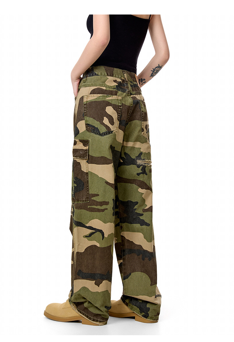 Camouflage Casual Pants with Ripped Patches Loose Straight Leg Trousers with Pockets